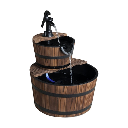 Wood Freestanding Fountain with 2 Tier Waterfall Barrel, Electric Pump