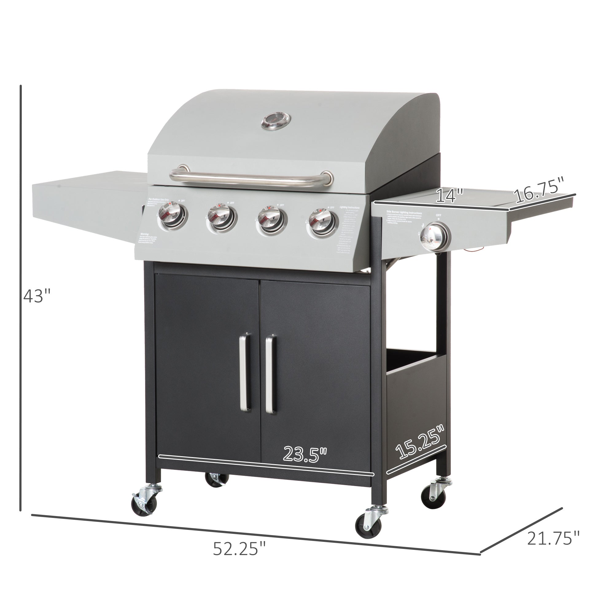52" Barbecue Grill with Wheels 4+1 Burner Liquid Propane Gas Grill
