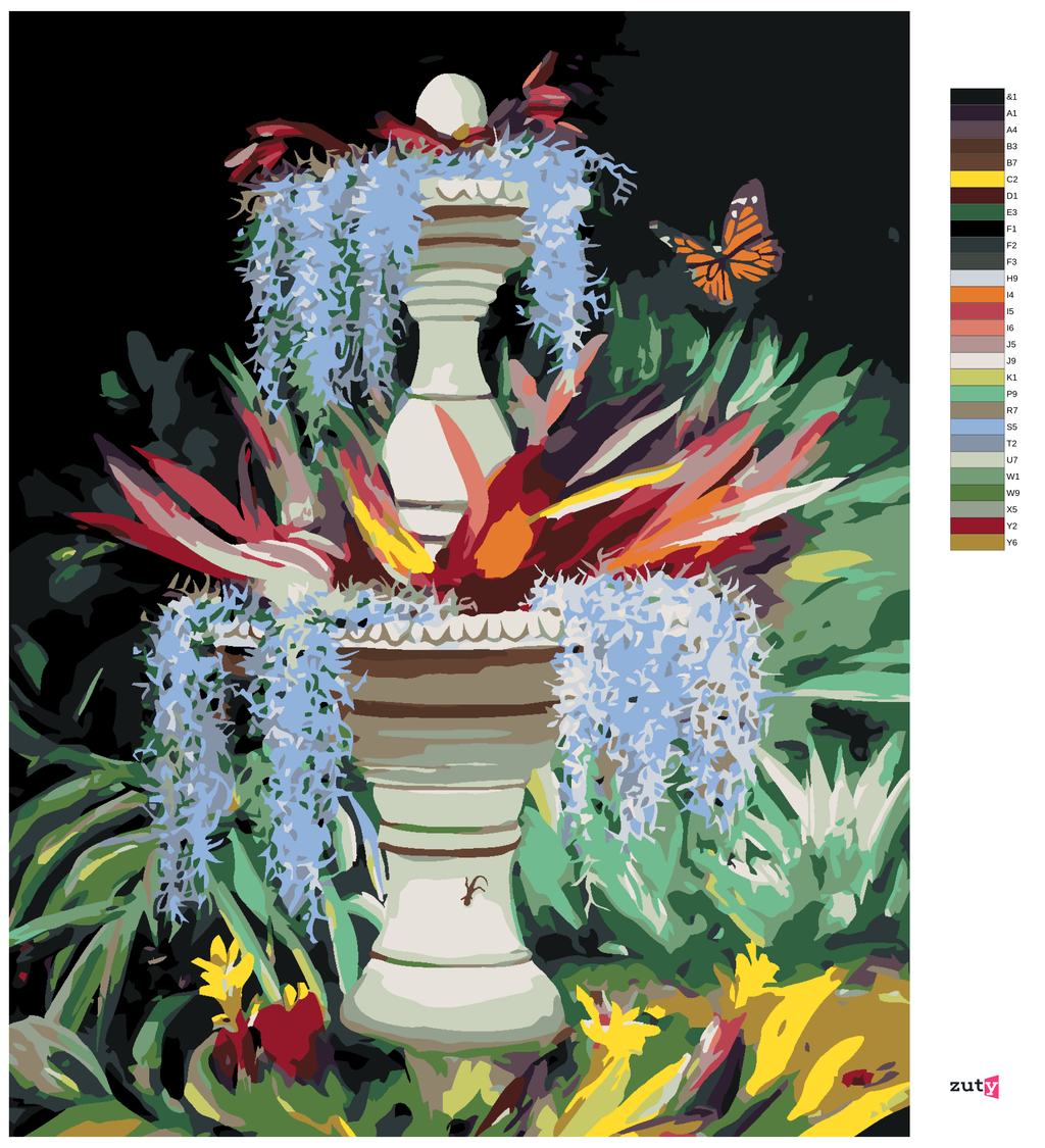 Zuty - Paint by Numbers - FOUNTAIN, FLOWERS AND BUTTERFLY (D. RUSTY