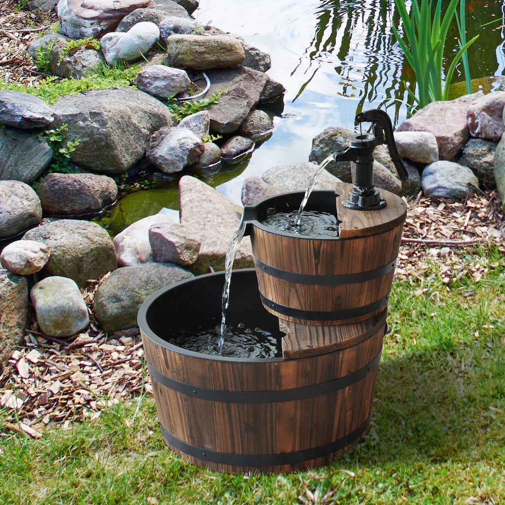 Wood Freestanding Fountain with 2 Tier Waterfall Barrel, Electric Pump