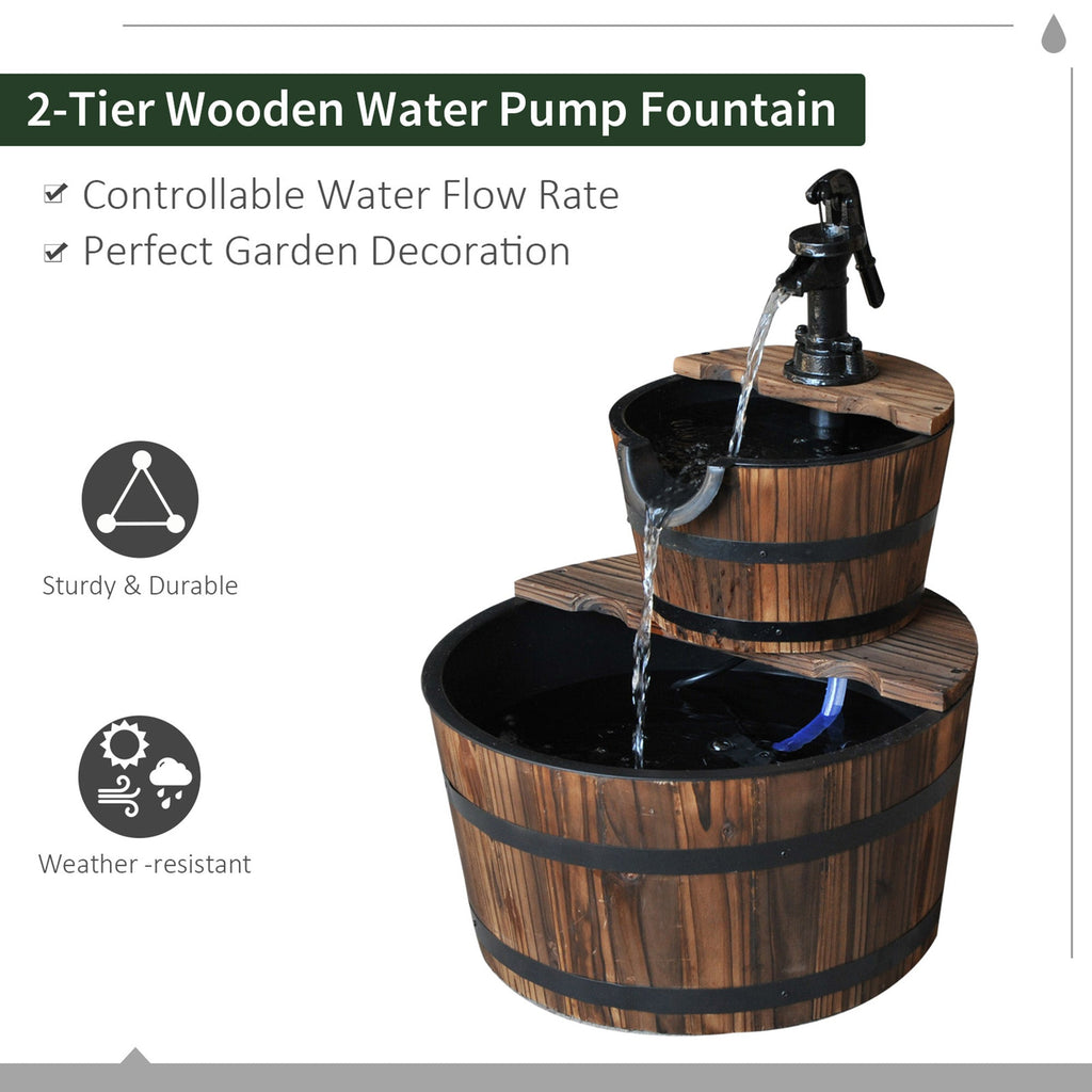 Wood Freestanding Fountain with 2 Tier Waterfall Barrel, Electric Pump
