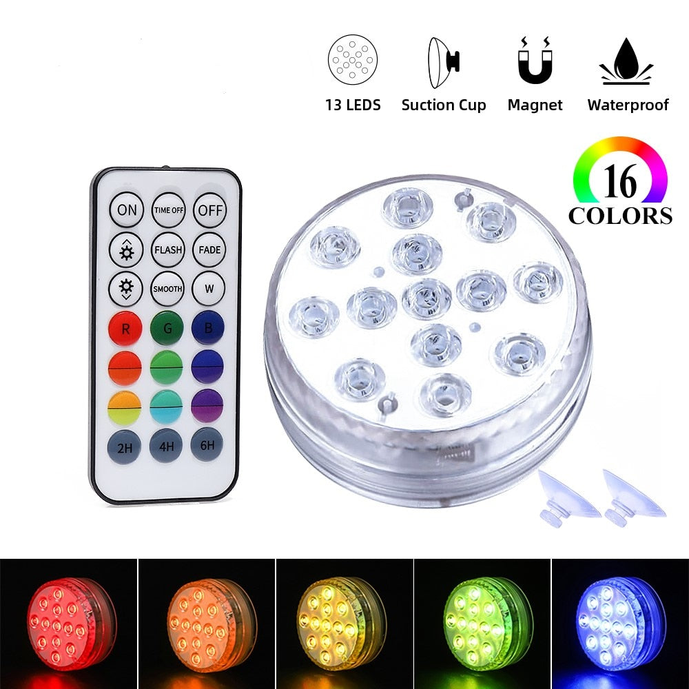 16 Colors Pool Lights Submersible 13 LED Light with Suction Cup for