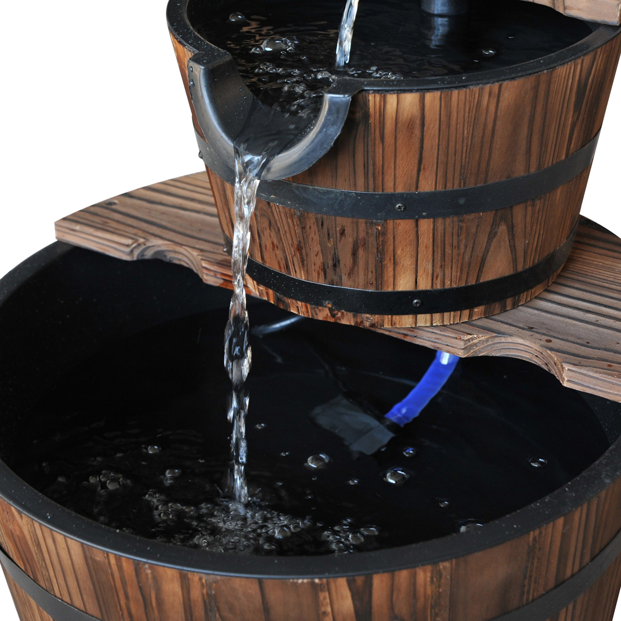 Wood Freestanding Fountain with 2 Tier Waterfall Barrel, Electric Pump