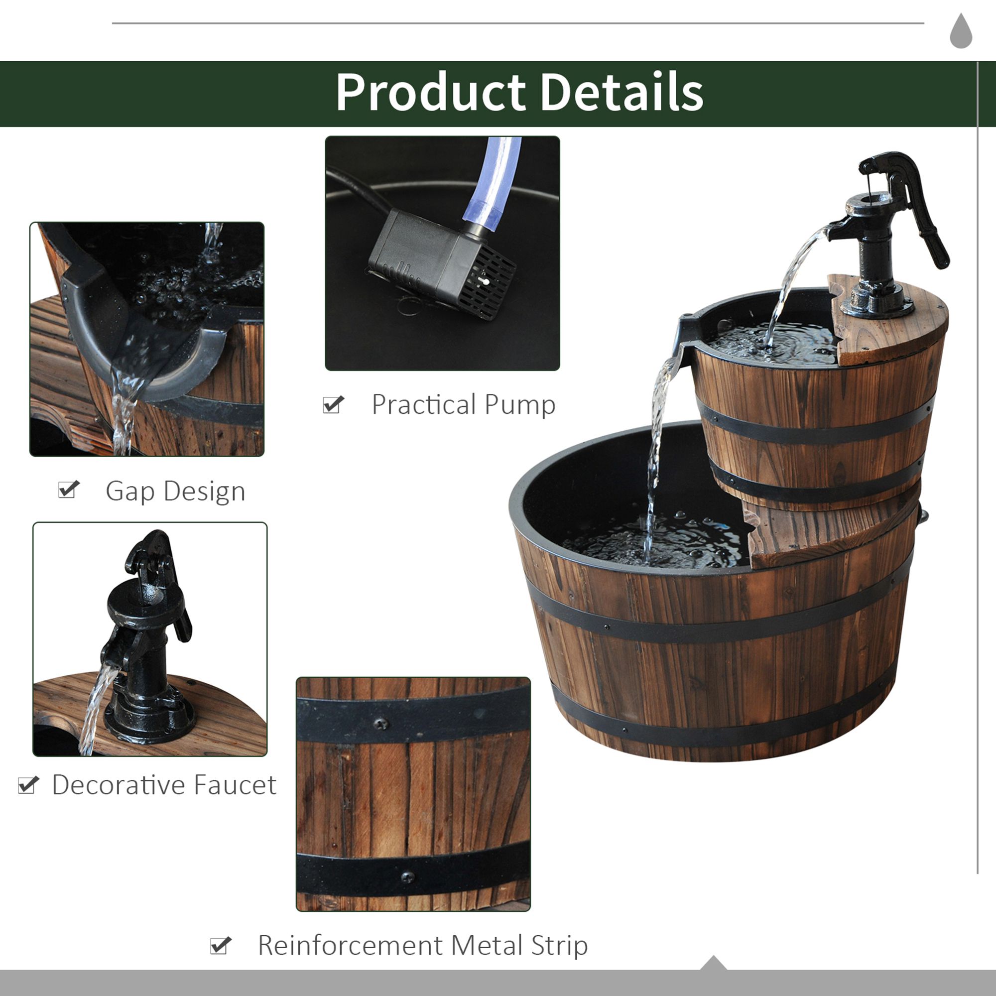Wood Freestanding Fountain with 2 Tier Waterfall Barrel, Electric Pump