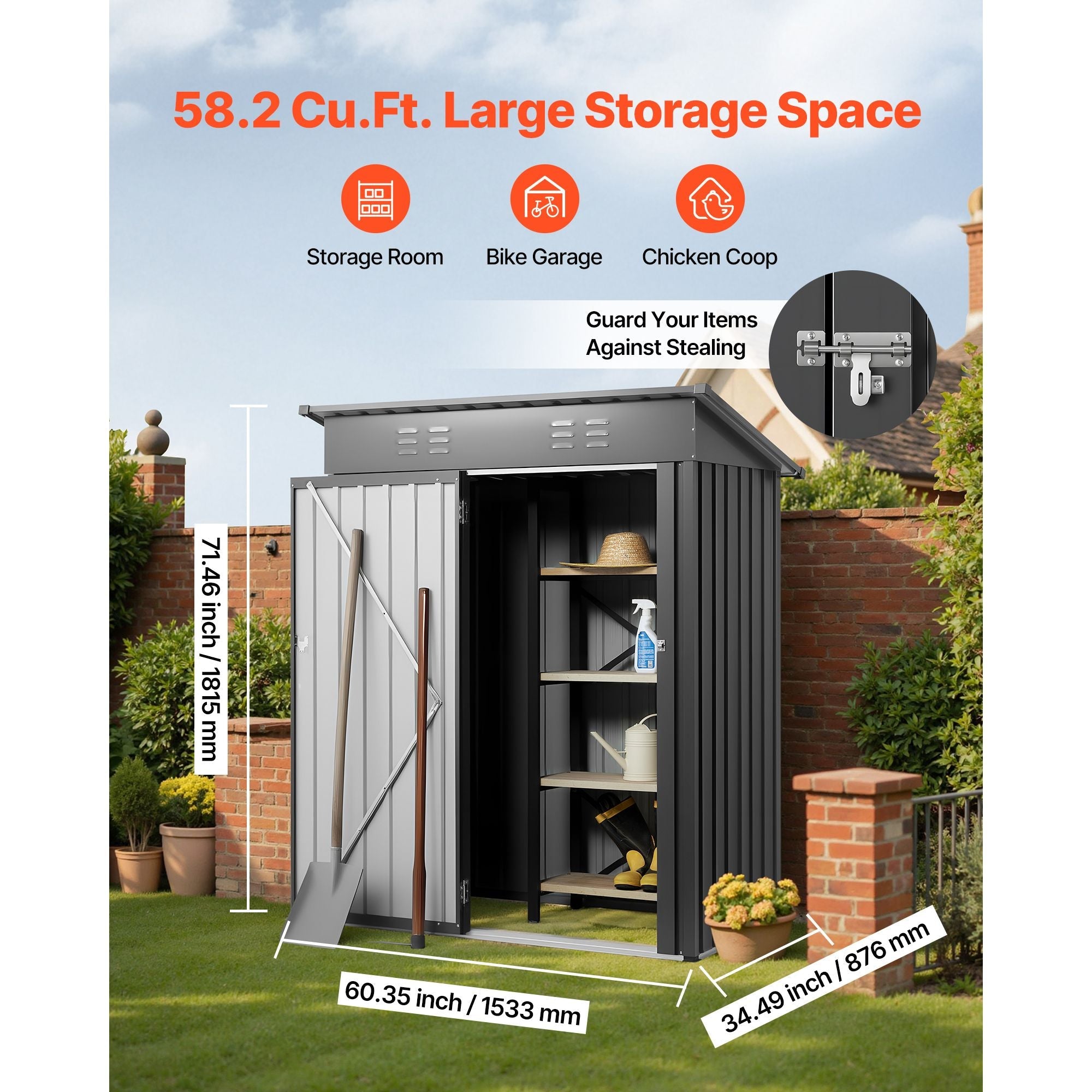 5 x 3 FT Metal Garden Shed, Storage Building with Lockable Door & 2