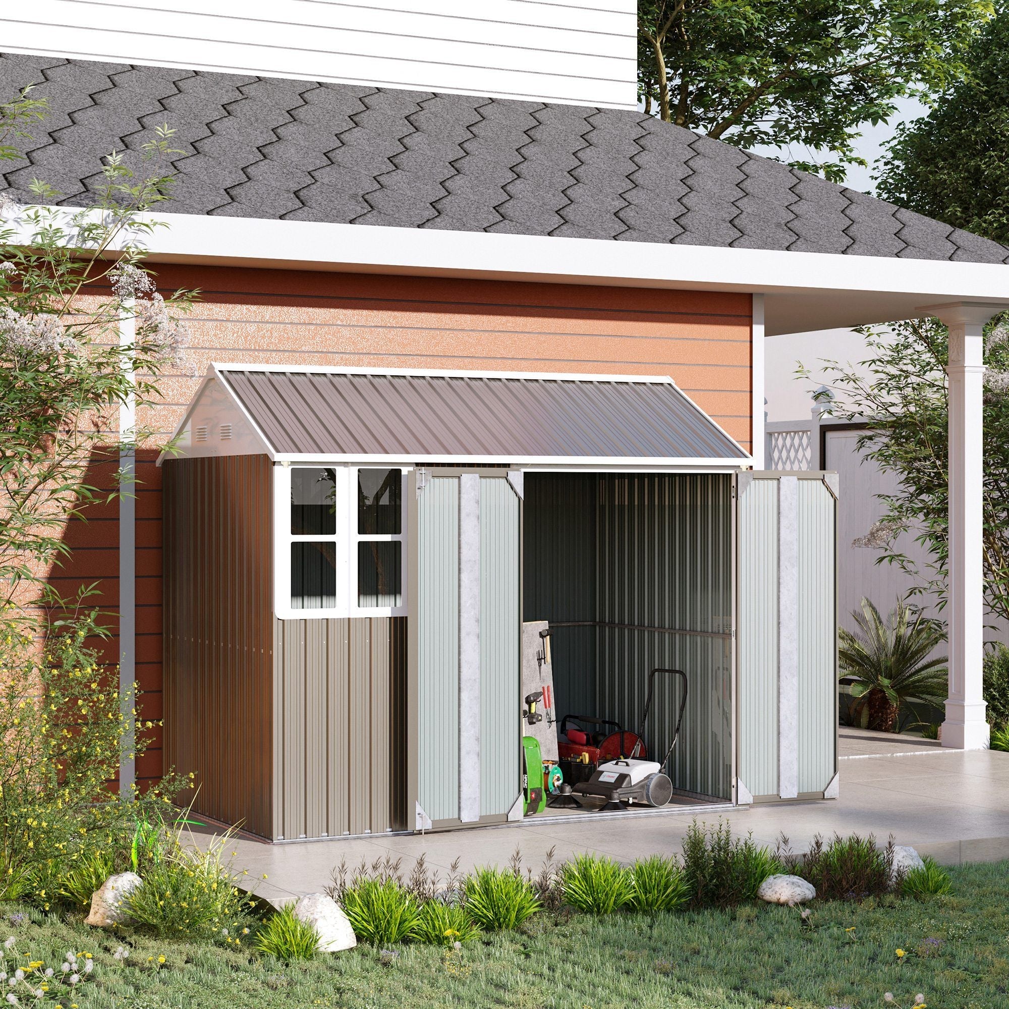8' x 6' Metal Garden Storage Shed, Outdoor Tool Storage House with