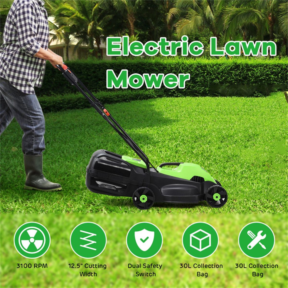 13-Inch Electric Lawn Mower with 8 Gal Grass Collection Box, 3