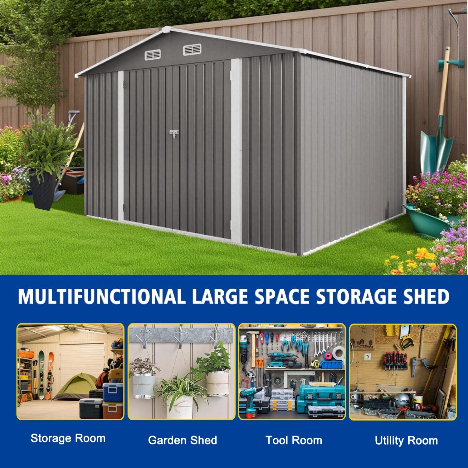 10 x 8 FT Outdoor Storage Shed, Large Metal Storage Shed, Lockable